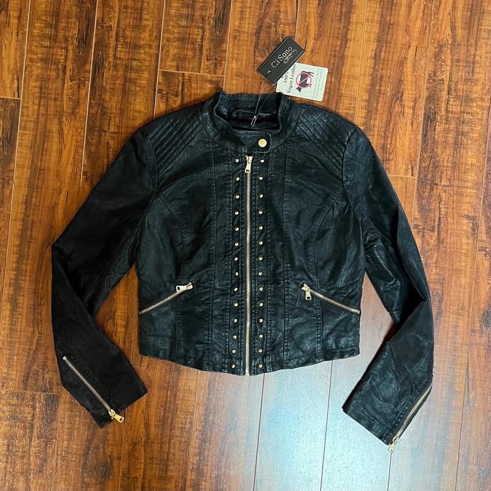 Black MOD Steampunk COUTURE Cropped Studded Moto Rock Faux Leather Jacke… - Picture 4 of 12